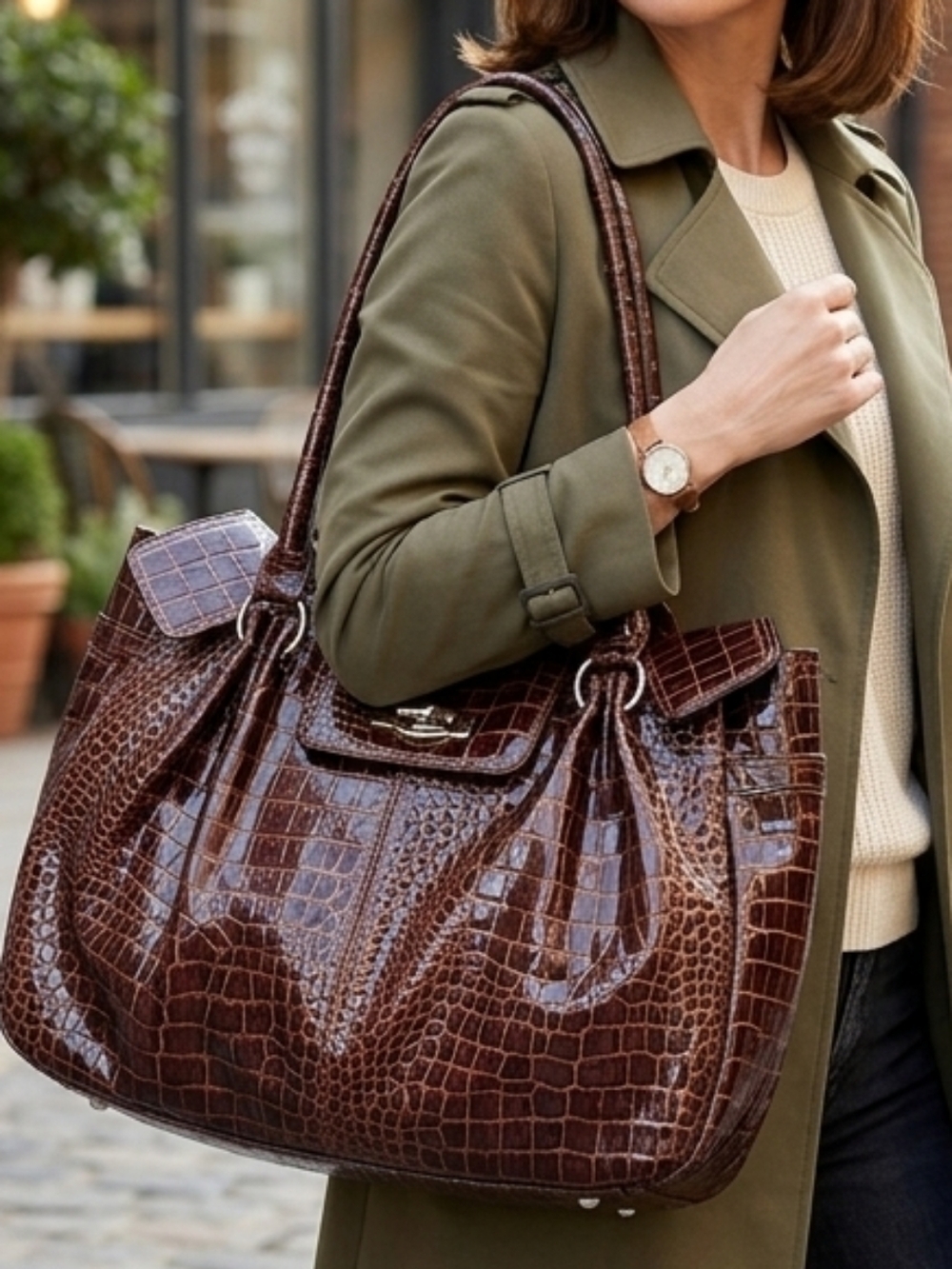 Brown faux croc bag